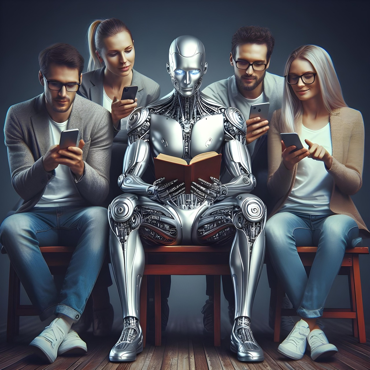 Menschen schauen in ein SMartphone, der Roboter liest in einem Buch.